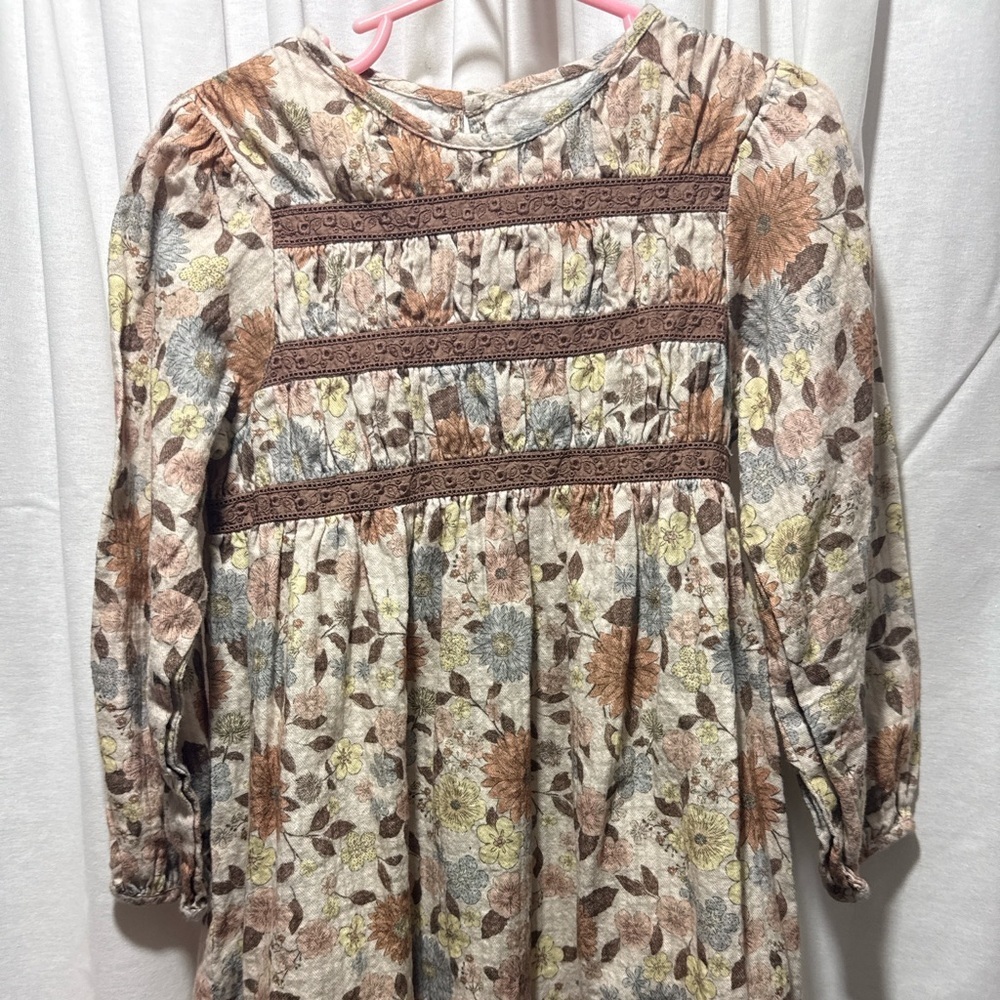 Zara Floral Long-Sleeve Smocked Dress Top - Boho Floral Brown